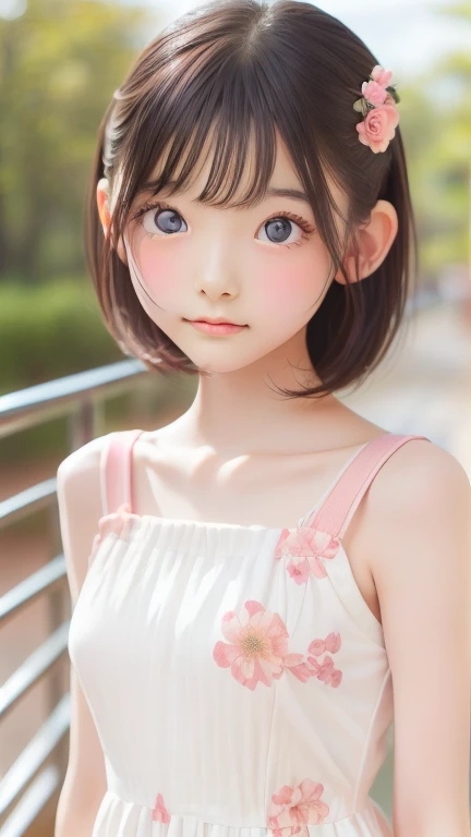 masterpiece, Best Quality, One girl, (a beauty girl, delicate girl:1.3), (:1.3), Very fine eye definition, (Symmetrical eyes:1.3), (lush park), (dress with white and pink floral pattern:1.3), small breasts, Brown eyes, Parted bangs, Brown hair, petit girl,...