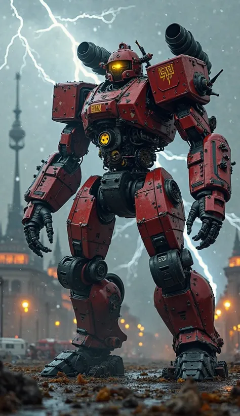 Forged entirely of black and red industrial steel, Depict a terrifying German war golem. His eyes glow yellow and gears and pistons constantly move inside his body. Creature II. resembling World War II era tanks has mechanical arms and the ridge is equippe...