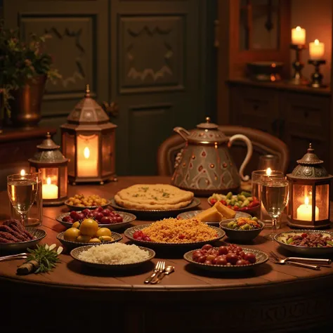 A beautifully arranged Bengali Suhoor table, set in a dark and warm color theme, creating a cozy and intimate pre-dawn atmosphere. The table is adorned with traditional Ramadan foods, including rice, roti, fruits, meat, a water jug, and glasses of water. R...