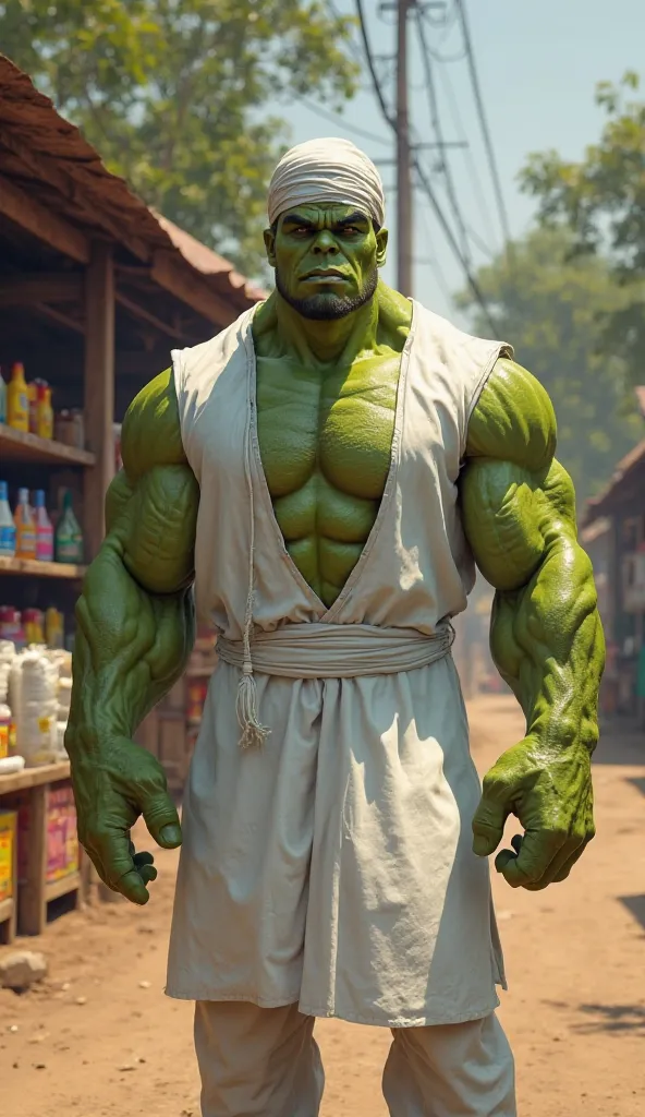 A highly detailed and realistic digital artwork of the Hulk standing in a rural village street in Bangladesh. He is wearing a traditional white Punjabi (kurta) and a white Muslim cap (taqiyah) on his head. The background features a small, simple grocery sh...