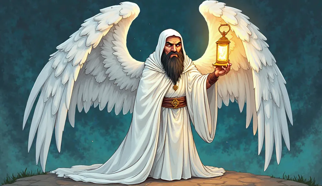 image of Azrael, the angel of death, dressed in a white, flowing robe and holding a glowing lantern.   cartoon-style illustration with exaggerated features, humorous expressions, cartoon caricature illustration or comic-style animation