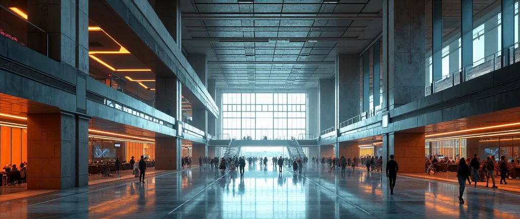 (photorealism:1.2), interior view of a long terminal corridor in an advanced international airport, marvelous architecture, lots of glass, massive darker neo-modern aesthetic, a touch of neon orange, there is dark grey, advanced technology, multi-story, ad...