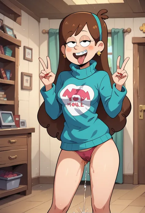 Mabel, peace sign, tilt your head, ahegao, cowboy shot, red nails, orthodontic appliances, half-closed eyes, breasts small, high collar sweater, long eyelashes,looking at the spectator, Inside the house, Room, omo wet panties, no pants, pink panties, peein...