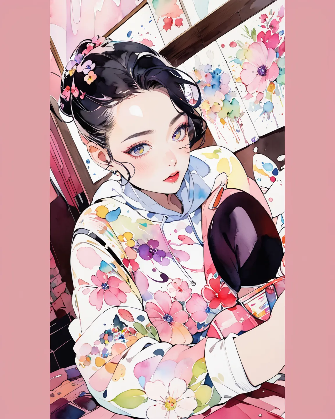 (    most beautiful girl   )、  stylishなファッション、 8k product、   intense watercolor、  exhaustive watercolor painting、  watercolor splash  、   avant-garde pop art、   Beautiful and Expressive Paintings、   very colorful shade   、wonderful、Cool Beauty、  Top Qualit...