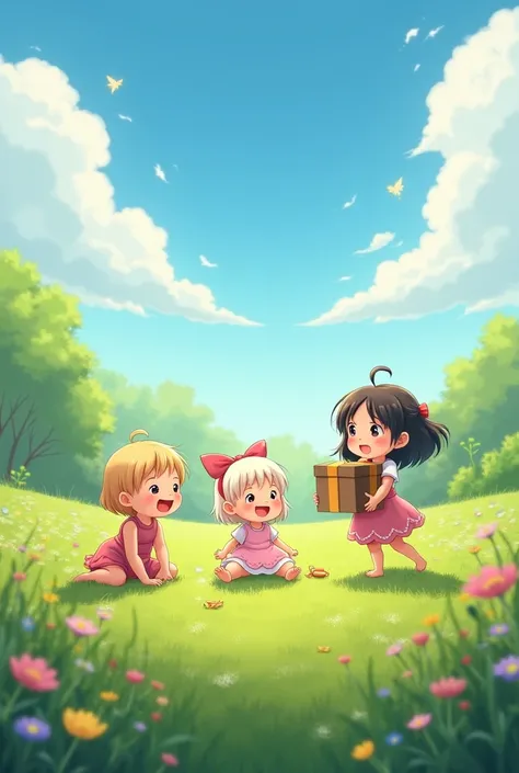 There is a green meadow, in the meadow there is a 9-month-old girl sitting laughing, a white blonde girl, a girl in a pink dress and a pink bow. A girl holding a big box