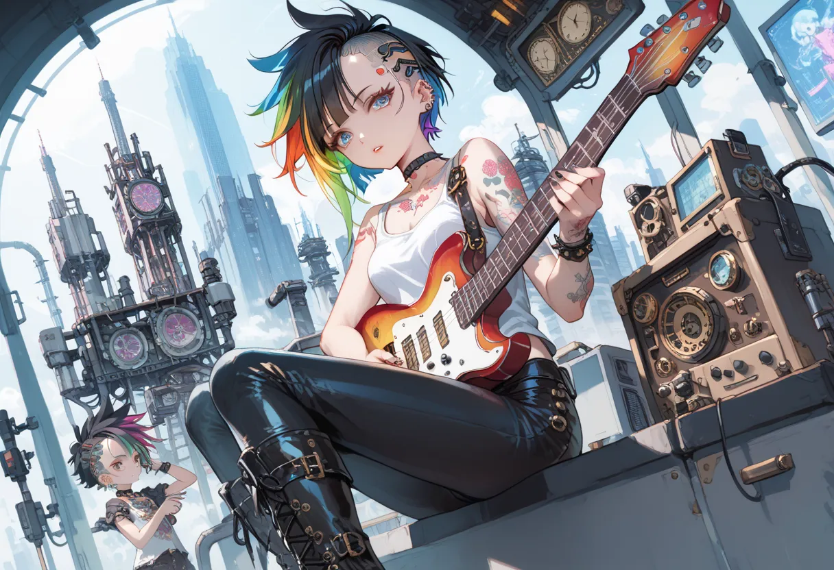 best quality, Super Fine, 16k, surprisingly absurd , very detailed, 2.5D, delicate and dynamic , Beautiful woman playing electric guitar, cool guitar with star-shaped gold-plated body , white tank top , black leather tight pants , engineer boots, tattoo, a...