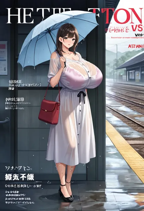 Japanese Magazine Cover, Japanese women , ,( Wear casual wear,holding umbrella,),(  huge saggy breasts:1),，  Full Body ，Wet, At the Station ，Waiting for someone else，Rainy Day，