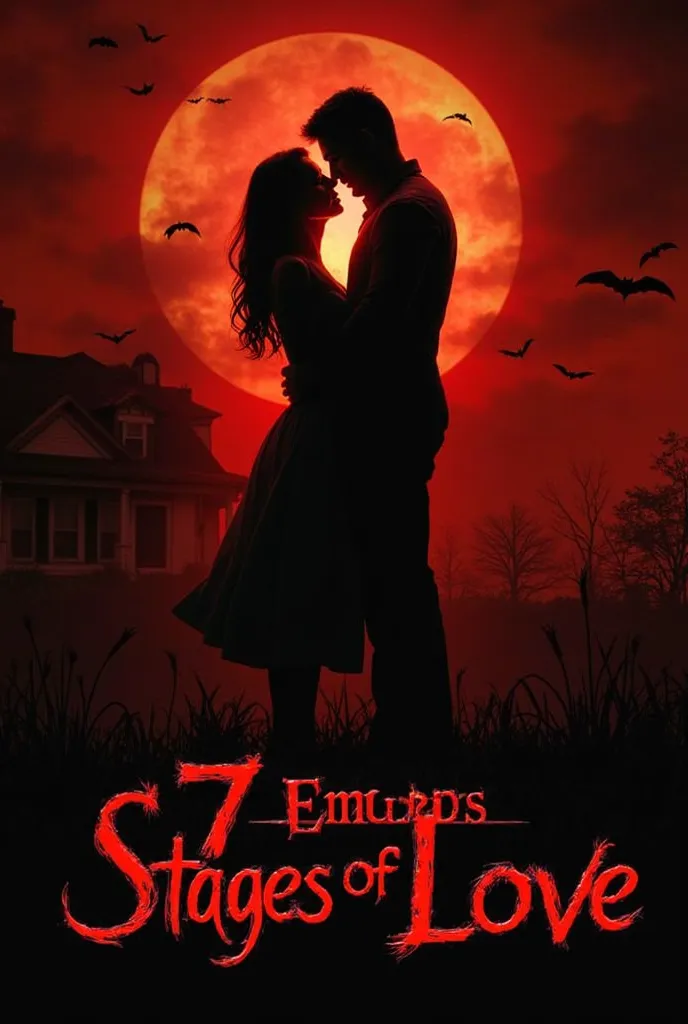 "A dramatic movie poster featuring a silhouette of a couple embracing, set against a fiery red and black background. The woman gazes up at the man, while he gazes down. Bats fly in the sky above, and a dark, haunted house is visible in the background. The ...