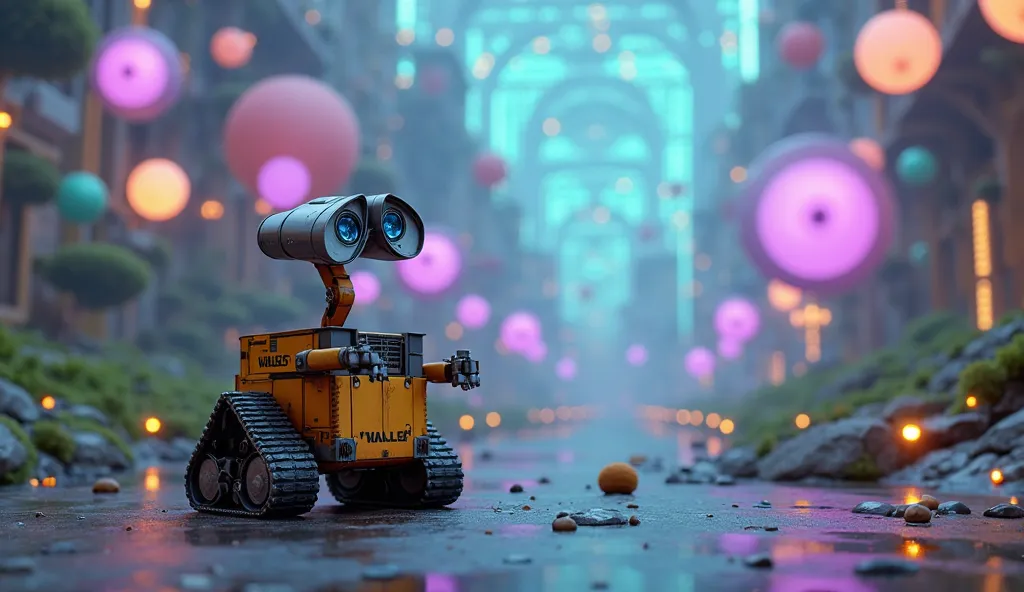 wall.e in background, balls energy colors floating,