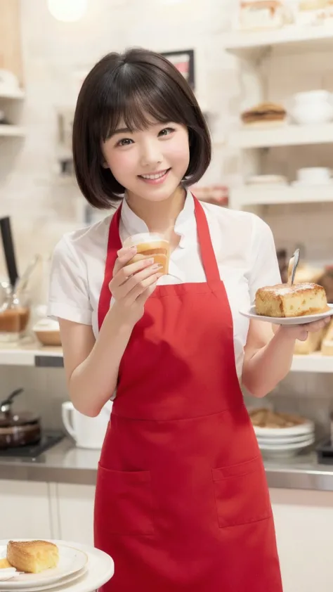 Only one woman, standing, (staff uniform) (red apron), /(black hair/) bangs, gentle smile with blush on cheeks, (top quality masterpiece :1.2) super detailed delicate illustration, ((big break)), (cafe shop) indoor, ((( girl, ,Short Bob, slim ))), ((Hold a...