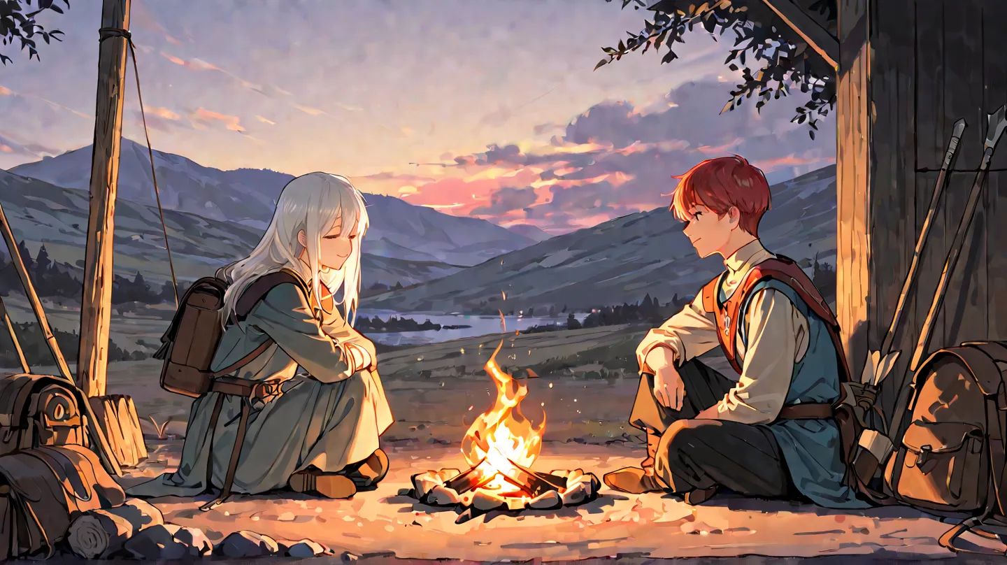  huge _very high resolution, high resolution, 걸작, recent, 1 female, long hair, white hair, light smile, medieval adventurer outfit, 1 man, short hair,  red hair,  soft_light,  sit on the floor, sunset, Mystic Glade, Backpack, Small campfire, Panoramic View...