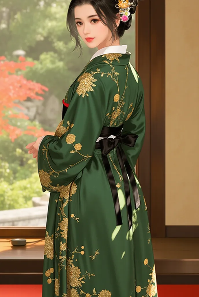 Ar311,A memorizing painting of a young asian woman in a deep green kimono with the intricate golden complex Natureprint. She is standing elegantly in a huge room of a Japanese castle, where a glorious Japanese garden can be seen outsides. The sunlight shin...