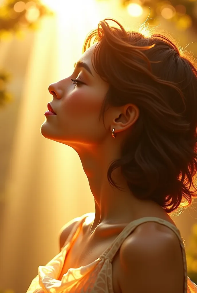 (photorealism:1.2), create an image of the Goddess of Sunbeams and Lullabies. She has a kayumanggi skin tone, short wavy hair. Her skin tone is not white, but tan skin. (kayumanggi) She is the ethereal guardian of golden light and soothing melodies, a pres...