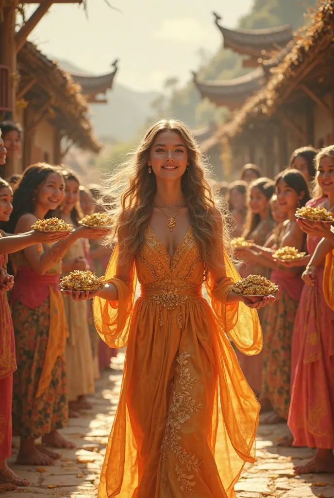 A young girl in a beautiful silk dress distributes food and gold to the happy villagers. The village is bright and cheerful, filled with joy and prosperity."