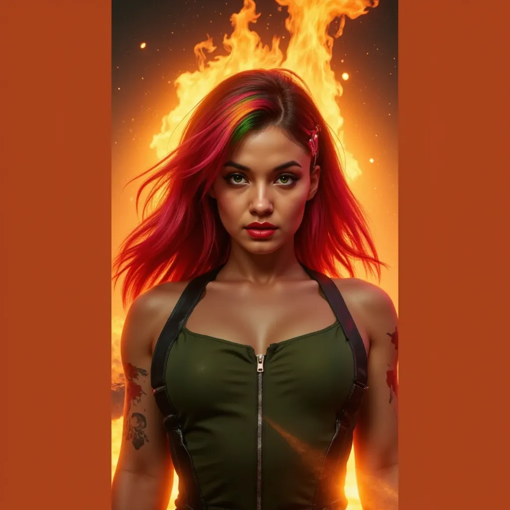 Women,  Red hair, green eyes surrounded by fire