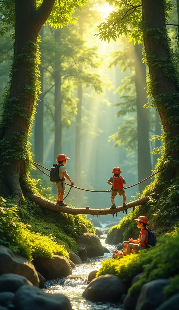 "A sunny forest scene where tiny people are hiking through a lush green woodland. Tall trees with thick vines create a natural canopy, while golden sunlight streams through the leaves, casting dappled light on the forest floor. Tiny explorers are using rop...