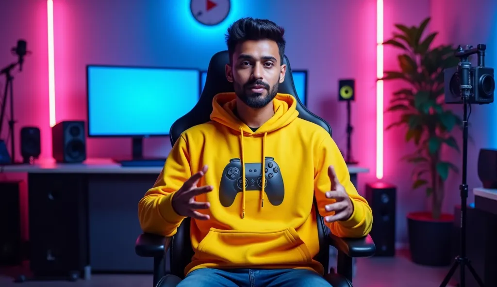 An Indian man sitting confidently on a
modern gaming chair in his YouTube studio. He is wearing a bright yellow hoodie with  boldly printed on it. His face is clearly visible and expressive despite wearing a sleek. The man is gesturing with his hands, as i...