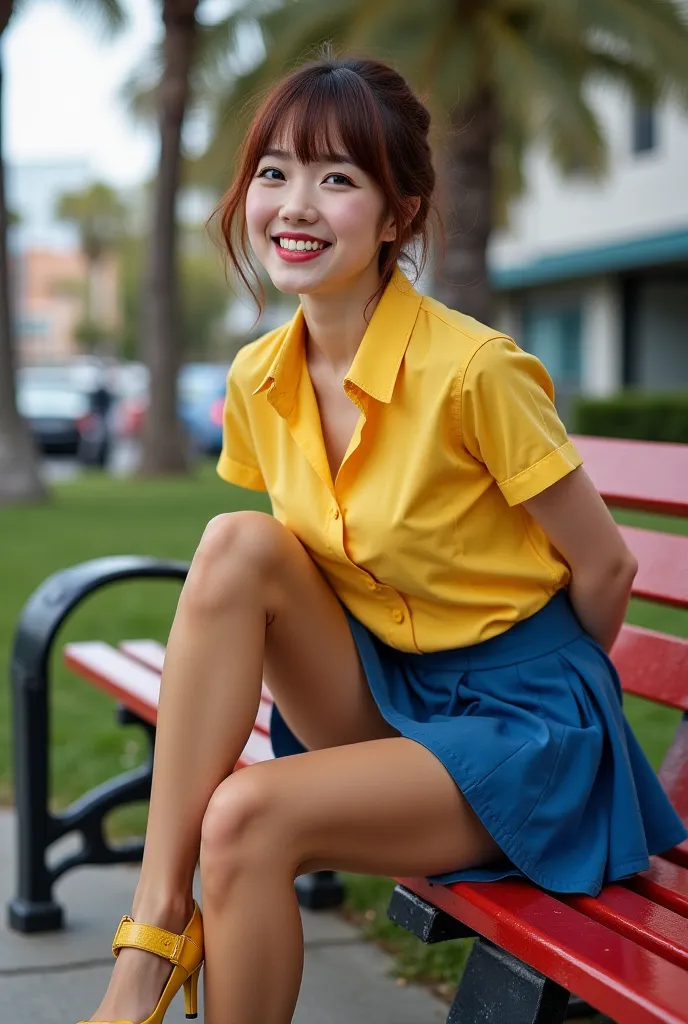 photo-realistic, ultra-realistic, very beautiful Japanese dancer,dramatic scene, masterpiece, yellow shirt, blue skirt, yellow Mary Jane tap shoes. Suntan pantyhose, metal dance plates attached to the toes and heels of the tap shoes, happy alone on a park ...