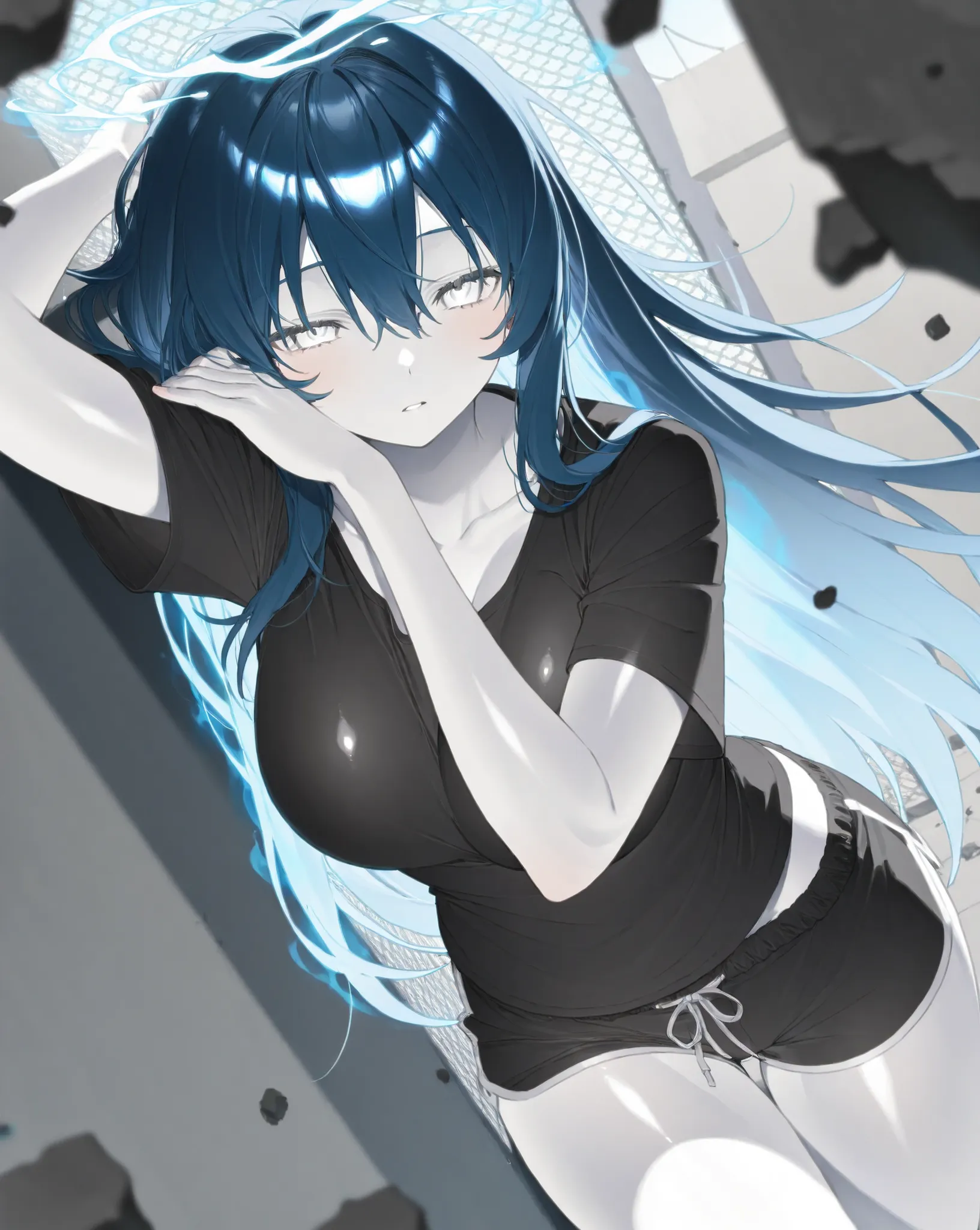 best image quality、Hi-Res、 diamond blue hair 、white eyes、、rooftop、  BLACK HIM T-SHIRT 、beautiful breasts、  best thighs、Blue aura、 long hair、best image quality、floating rubble、black shorts、 white skin、 the royal family、、Straight face、Waking up、Bedhead、 blac...