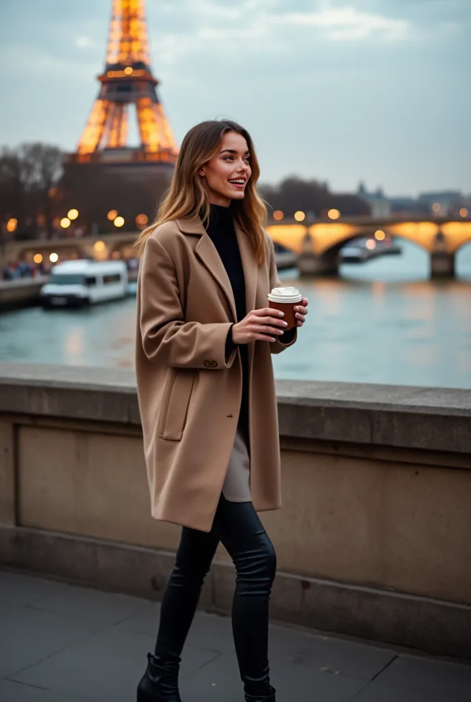 "She is crossing one of Paris's historic bridges, with the River Seine reflecting the golden lights of the city. The model wears an oversized beige coat, combined with black skinny pants and elegant boots.  her hair is loose , and she laughs spontaneously ...