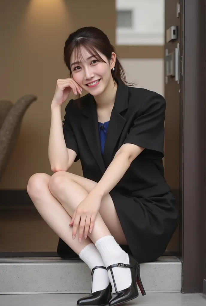 （  photorealistic  ：1.2）、  Japanese American model in her 20s 39      ;   thick legs、      hairstyle ponytail  、Female bank employee in uniform, beautiful 20 years old、 BUSINESS UNIFORM 、     sitting at the studio entrance    , Super sensual pose、  high he...