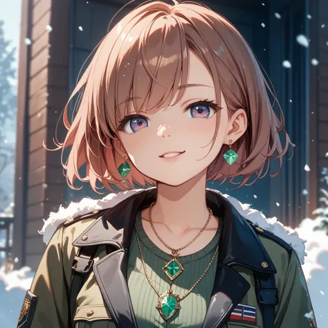 One Woman、pink brown bob hair、 cute、Sister、 emerald pendant、citrine earrings、Military cold protection、cold weather background