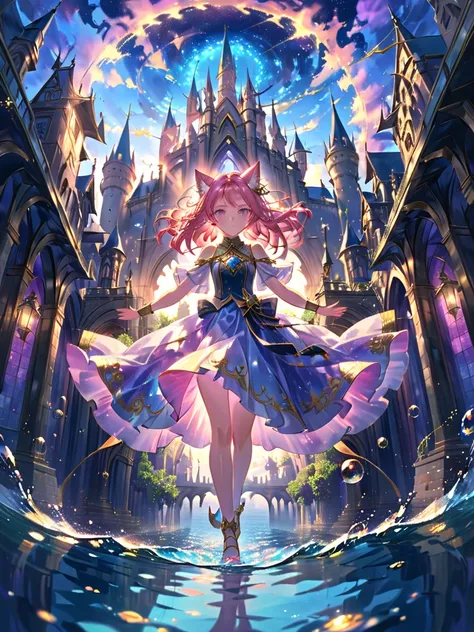 anime-style illustration of a beautiful girl with expressive eyes and highly detailed hair, 
detailed background of a fantasy city, but slightly blurred to emphasize the character, 1 cat girl, (pink bob hair), (cat ears), (violet eyes), chiffon skirt, look...