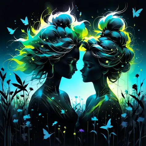 fluorescent horizon, cg graphics illustration, 
high quality, 8K Ultra HD, A beautiful double exposure that combines a goddess silhouette with a spring field, spring field should serve as the underlying backdrop, with its details incorporated into the godd...