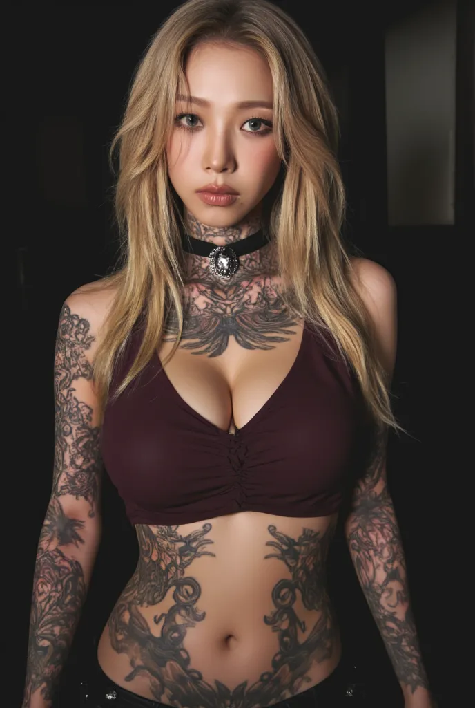 Long hair, light blonde, a lot of tattoos, posing, big boobs.