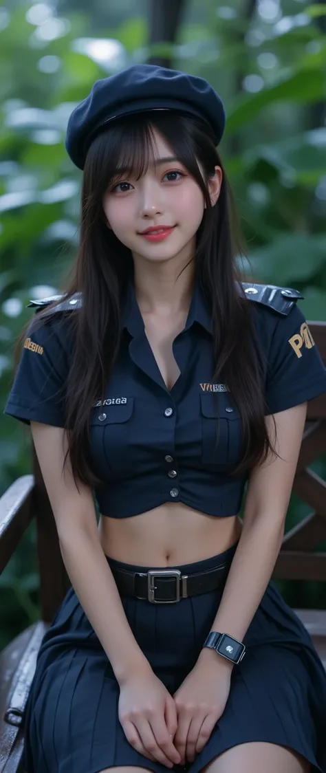 A cute, smiling young woman with long black hair and light skin, sitting on a chair and waiting for someone with a bright, gentle smile. She is dressed in a dark blue police officer’s uniform, including a short-sleeved shirt unbuttoned to reveal a visible ...