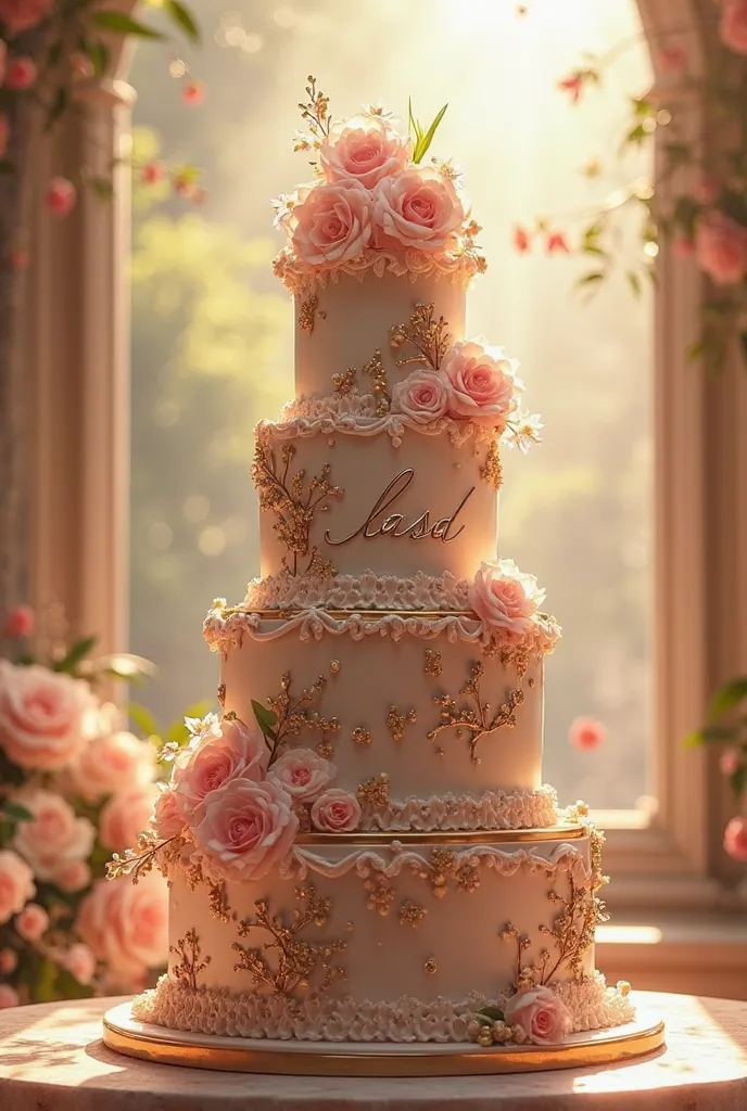 Imagine a expensive cake of 5 tair and write a name of girl is ۔ بتول المحمد ۔ with beautiful noon light of background. Mentioned name must. بتول المحمد 