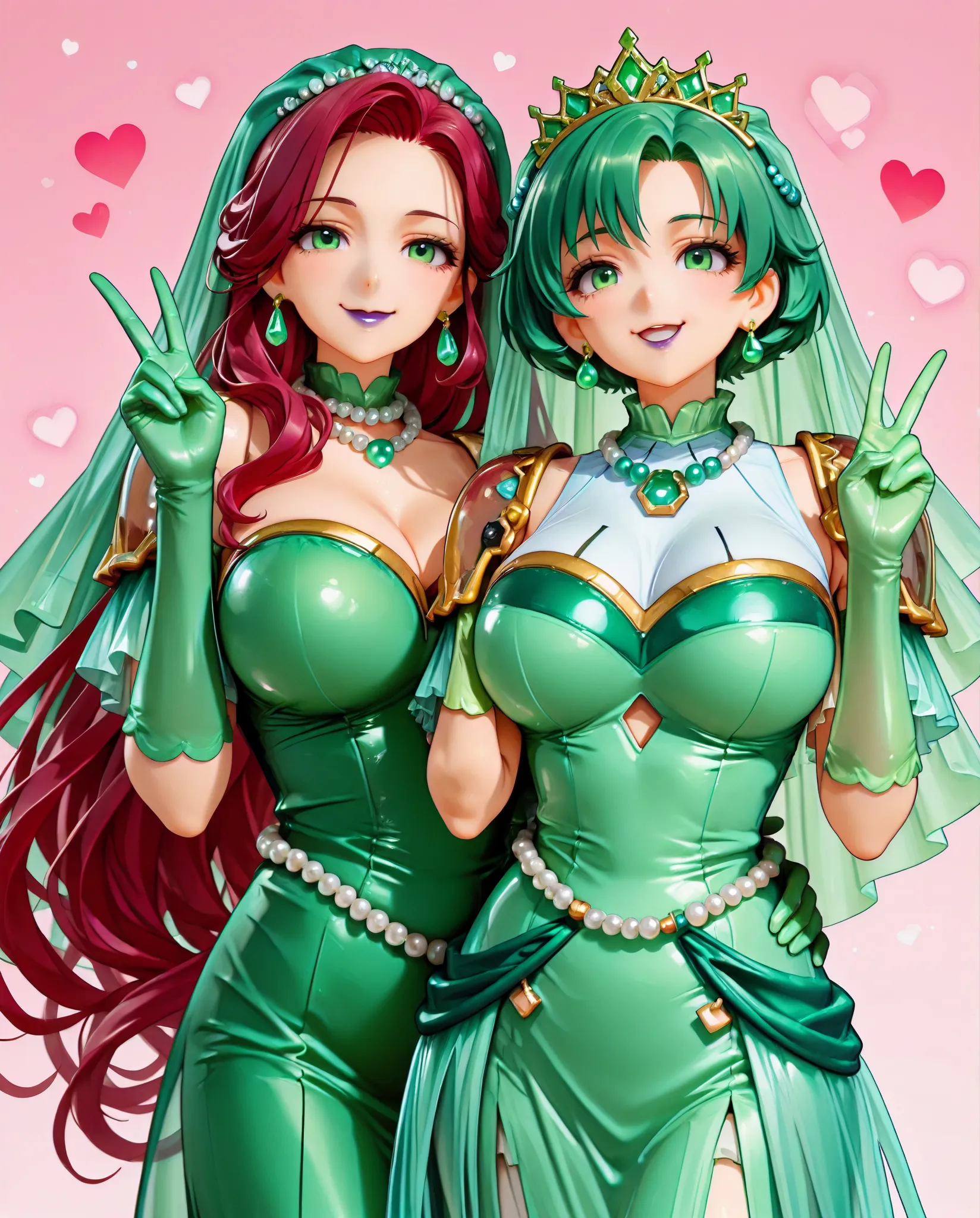 Emerald tiara, Green Pearl Necklace, very long green hair with red under hair, purple Lips, Smiling Japanese woman, Very short hair, Busty beautiful lady, Green Eyes, Green satin long gloves, Green Eyes, Emerald Earrings, Green veil, Heart with both hands,...