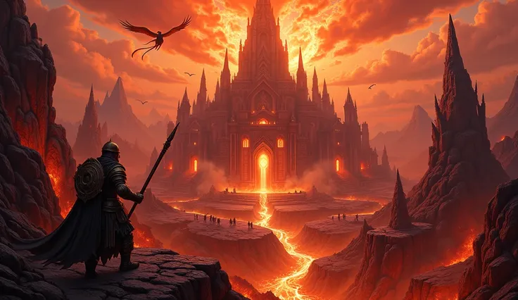 Generate a fierce high-fantasy city forged in volcanic fury, blending Spartan militarism with molten grandeur. The scene centers on Ashspire, City of Eternal Flame, with these key elements:
Architecture :Jagged towers of blackened obsidian and smoldering S...