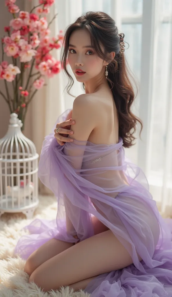 A photo of a beautiful slim, sexy symmetrical Asian girl sitting posing on a fluffy white carpet. She is wearing a sexy set of sexy, light purple, light purple, sheer chiffon fabric, translucent and delicate, revealing her smooth, smooth skin, soft sunligh...