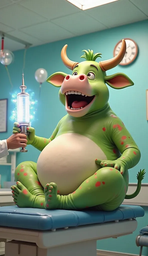 "A giant 3D cartoon green cow with an enormous round belly, sitting on a doctor's examination table, laughing while a friendly doctor prepares a huge glowing syringe. The cow is wearing colorful pajamas, and the medical room is full of funny details like o...