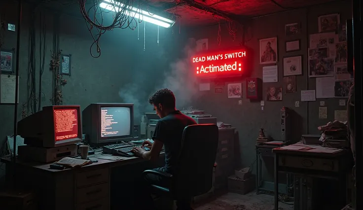 A dark and cluttered room, illuminated only by the cold glow of multiple computer screens. The main monitor displays a chilling red message: 'Dead Man’s Switch Activated' with a countdown timer slowly ticking down. The atmosphere is tense and ominous, fill...