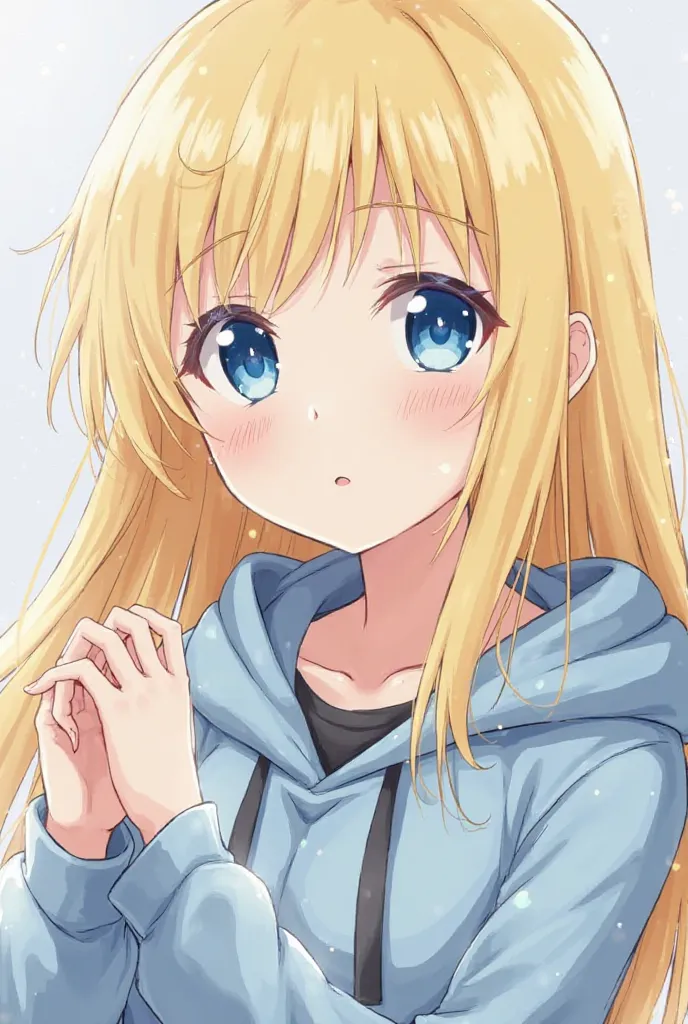 Gold hair long Young eyes Light blue eyes Right eye with a white star(like Aqua Hoshino) Large hoodie and (Sleeves should be long enough to cover the back of the hand) Confident and innocent She is delicate and slim, with the freshness of a middle school s...