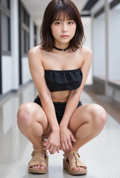 (masterpiece,Highest quality, photorealistic:1.4),complicated details, very detailed, portrait, depth of field, 1 girl,Alone, 25 year old Japanese woman,( strapless, sleeveless,  underwear, lingerie, mini black:1.4),choker,Mule Sandals,(squat posture,sprea...