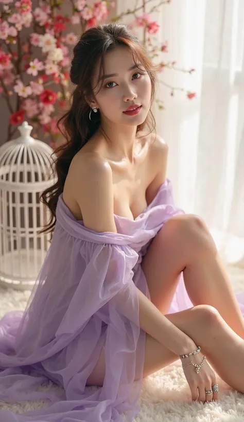 A photo of a beautiful slim, sexy symmetrical Asian girl sitting posing on a fluffy white carpet. She is wearing a sexy set of sexy, light purple, light purple, sheer chiffon fabric, translucent and delicate, revealing her smooth, smooth skin, soft sunligh...