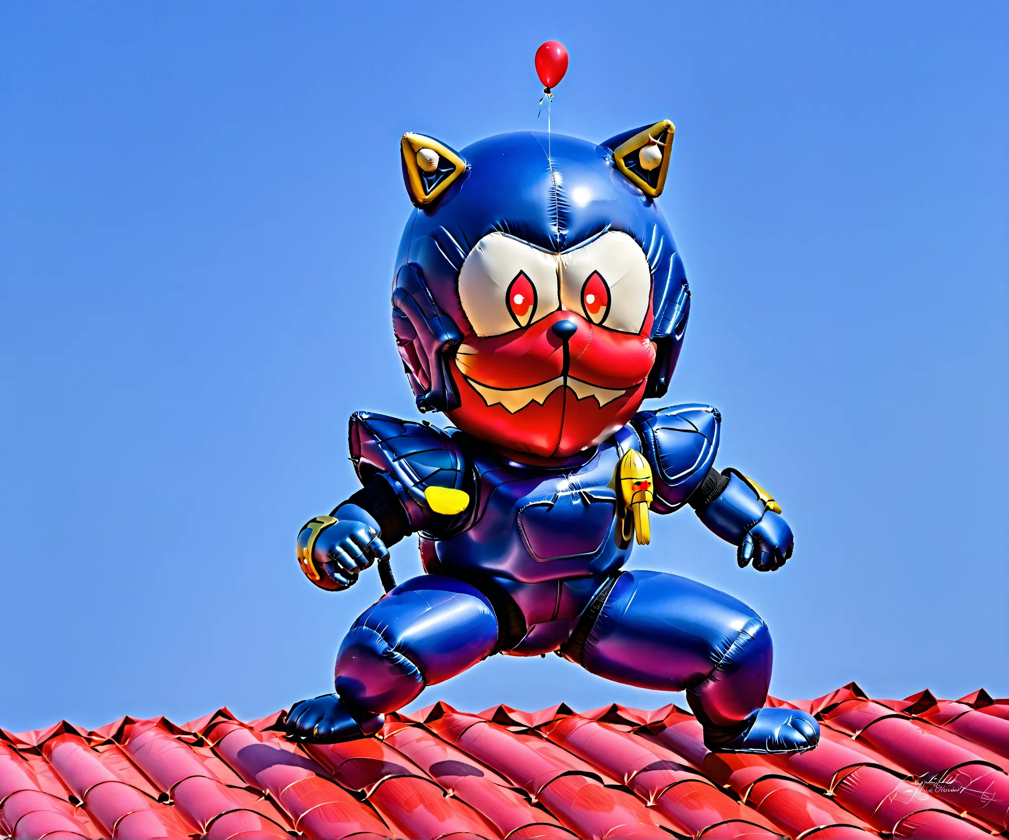 samurai pizza cats, guido anchovy, armor, no helmet, bald, blue armor, male, furry male, cat, solo, 1boy, tail, red eyes, male focus, animal ears, cat ears, cat tail, red balloon, big balloon, large balloon, huge balloon, giant balloon, big red balloon, gi...