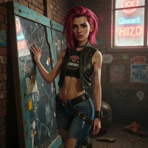 A full-body, photorealistic portrait of a woman channeling the rebellious spirit of 'Jinx' in an urban setting. She stands boldly in front of a cracked, graffiti-covered mirror in a cluttered, industrial-style room. Her wild, unrestrained hair cascades in ...