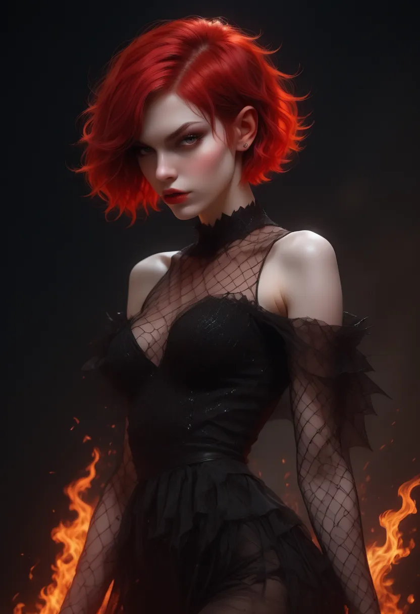 A devilish creature. half angel, half devil. pale skin.  attractive appearance. bad temper.  dnr., infernal mesh outfit, short red hair like flames,