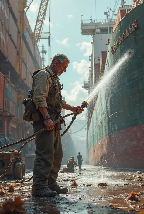 a sailor is spraying the shipyard