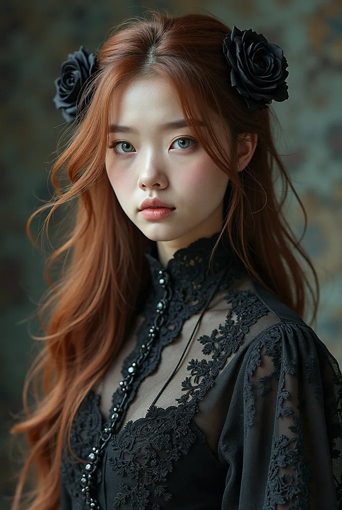 A girl with brown hair and blue eyes. Dressed in the Gothic style. A mixture of Asian appearance and European 