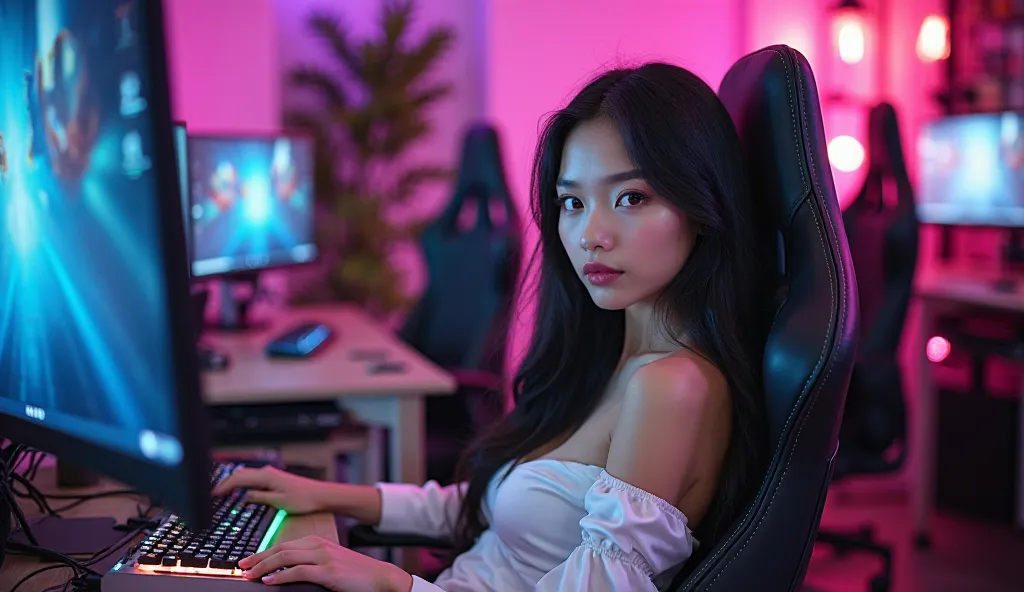 A breathtakingly gorgeous young woman with long, silky black hair and flawless, radiant skin sits confidently in a high-tech gaming studio. She wears a stylish, off-shoulder white silk dress that elegantly hugs her figure, enhancing her allure. Her express...