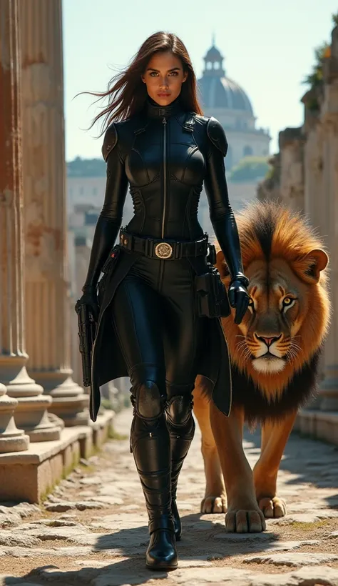  Italy – A stunning Italian woman in a black tactical outfit, with the Italy flag on her jacket, walks through Rome’s ancient ruins, accompanied by a muscular, armored lion.
