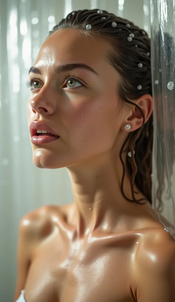  1 girl、pressing her face and body against a translucent shower curtain in her bathroom, high image quality ,   Highest quality ,  very detailed, 8k ( woman with her mouth open and her eyes closed  ), 40 years old、   Gold、 shiny skin、 shower room, Looking ...