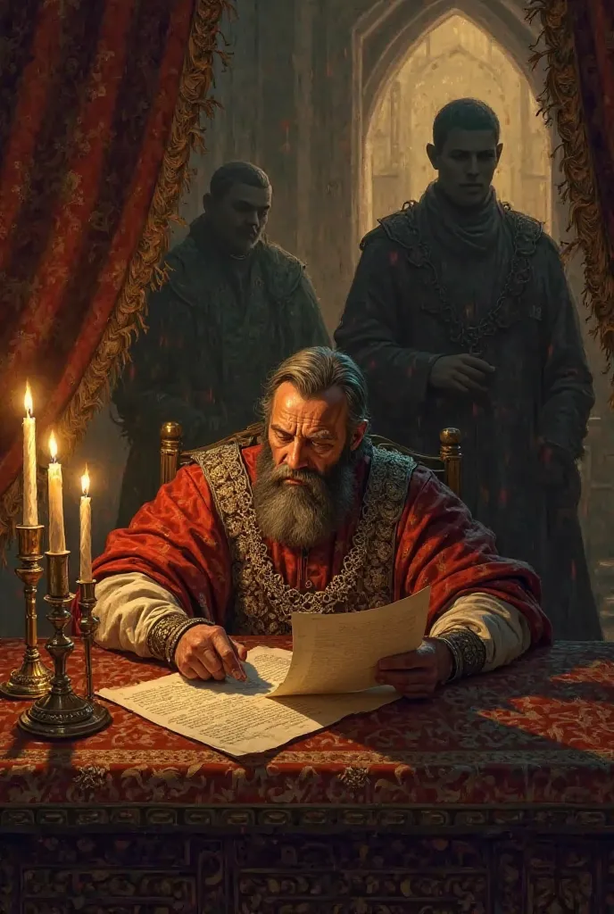 troubled Mehmed II reading a letter in a dimly lit palace chamber, informing him of a rebellion in the Balkans, while shadows of political rivals loom behind him."
