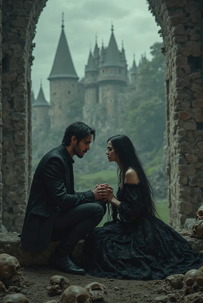 Gloomy castle skulls handsome gothic man beautiful witch woman sitting hand in hand sitting