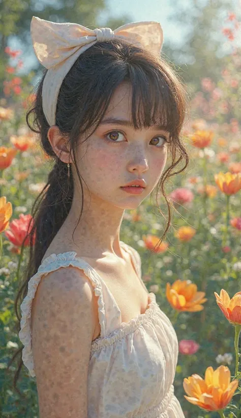 You don't need to change the image and the girl. She has a 90s schoolgirl bow on her head, white sundress, Photo in realism,full face angle .Make a background out of beautiful flowers . 